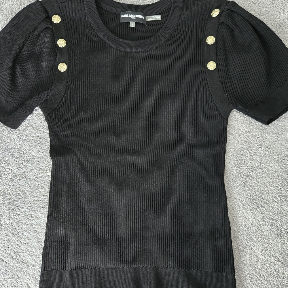 Black Puff Sleeve Top with Gold Button Accents